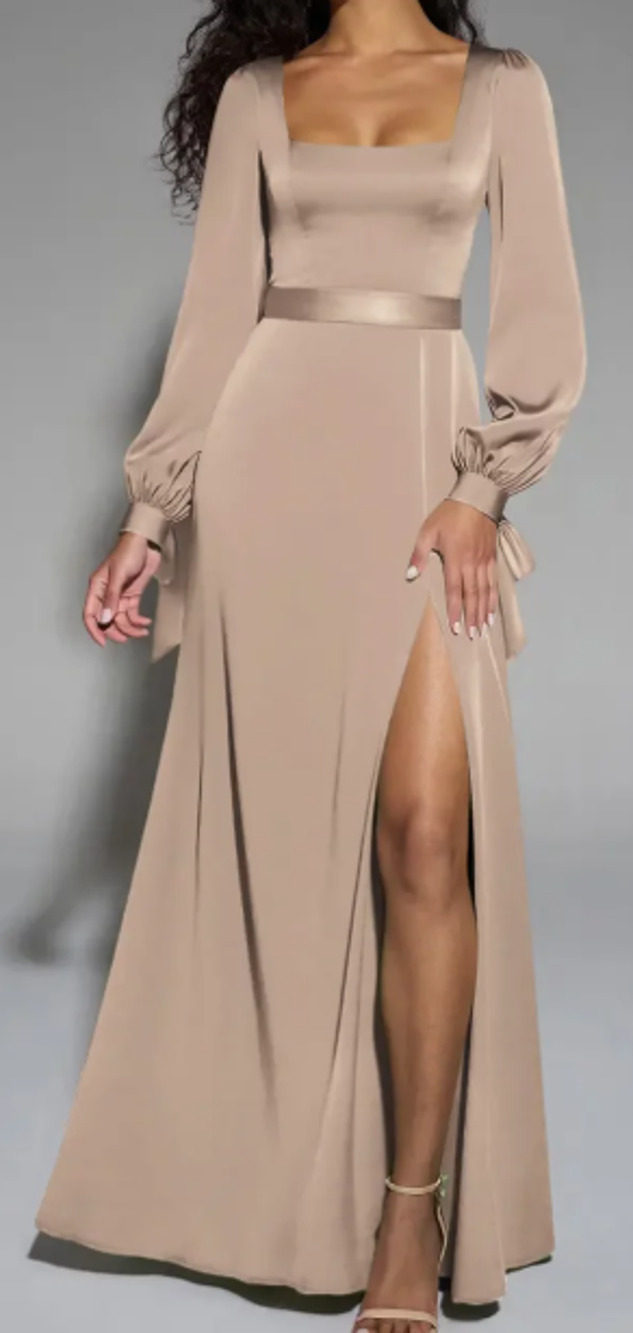 AW BRIDAL sz 2 XS taupe satin charmeuse Rose long sleeve maxi dress NEW B22